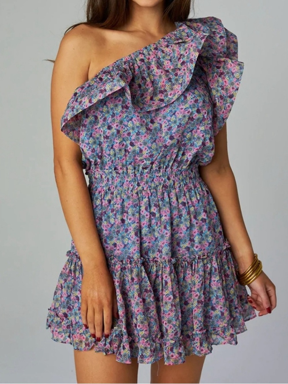 BuddyLove One Shoulder Floral Ruffle Tiered Mini Dress Boho Size Medium